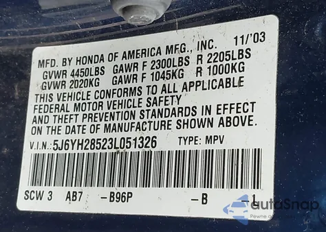 2003 Honda Element Ex from USA, damaged, VIN 5J6YH28523L051326
